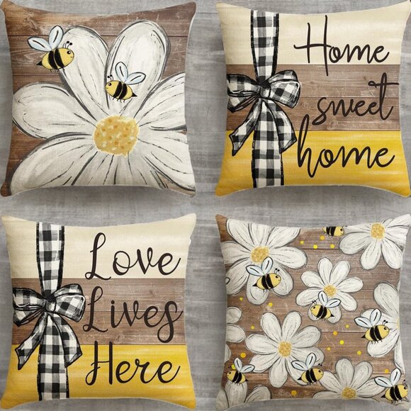 Honey Bee Decorative Throw Pillow Covers Spring Decor Yellow Floral Accent Cases - Picture 2 of 5